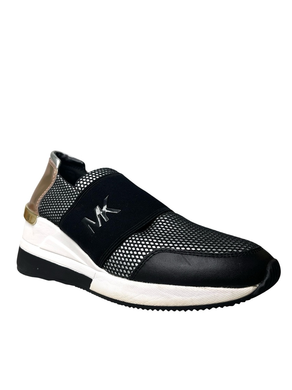 MICHAEL Michael Kors Felix Slip-On Wedge Trainer Sneakers Black Silver Gold 7